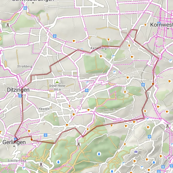 Karten-Miniaturansicht der Radinspiration "Gerlingen auf unbefestigten Wegen erkunden" in Stuttgart, Germany. Erstellt vom Tarmacs.app-Routenplaner für Radtouren