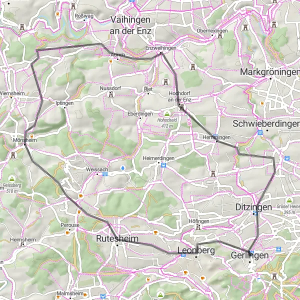 Map miniature of "Gerlingen - Engelberg - Leonberg - Rutesheim - Schellenberg - Riedberg - Enzweihingen - Glemsbalkon - Gerlingen" cycling inspiration in Stuttgart, Germany. Generated by Tarmacs.app cycling route planner