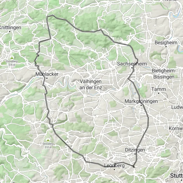 Map miniature of "Scenic Road Cycling Tour from Gerlingen" cycling inspiration in Stuttgart, Germany. Generated by Tarmacs.app cycling route planner