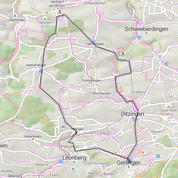 Map miniature of "Gerlingen to Hemmingen Road Cycling Route" cycling inspiration in Stuttgart, Germany. Generated by Tarmacs.app cycling route planner
