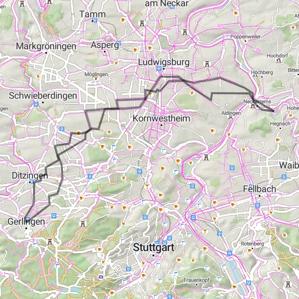 Map miniature of "Gerlingen - Hausen - Grüner Heiner - Solarfeld - Ludwigsburg - Neckargröningen - Altes Schloss - Gerlingen" cycling inspiration in Stuttgart, Germany. Generated by Tarmacs.app cycling route planner