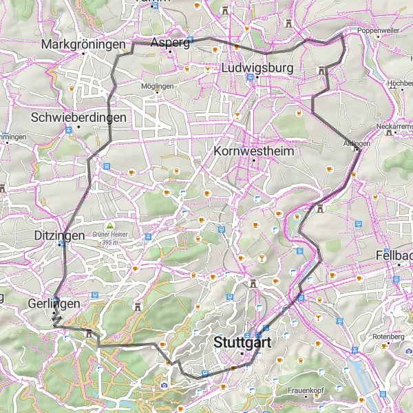 Karten-Miniaturansicht der Radinspiration "Roadbike-Herausforderung mit Start und Ziel in Gerlingen" in Stuttgart, Germany. Erstellt vom Tarmacs.app-Routenplaner für Radtouren