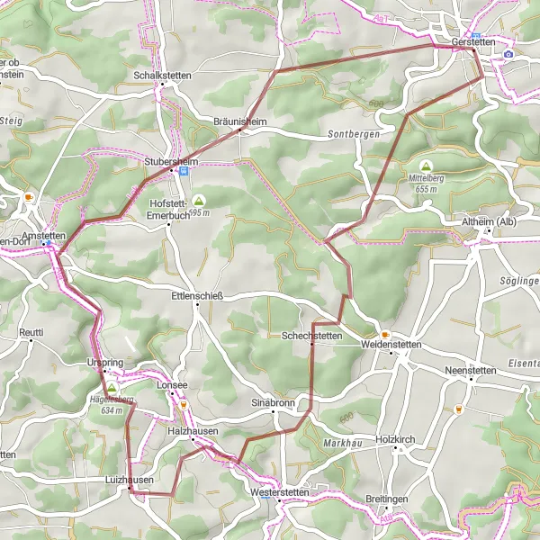 Map miniature of "Exploring Urspring and Stubersheim" cycling inspiration in Stuttgart, Germany. Generated by Tarmacs.app cycling route planner