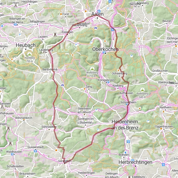 Map miniature of "Hills and Valleys: A Gravel Adventure" cycling inspiration in Stuttgart, Germany. Generated by Tarmacs.app cycling route planner