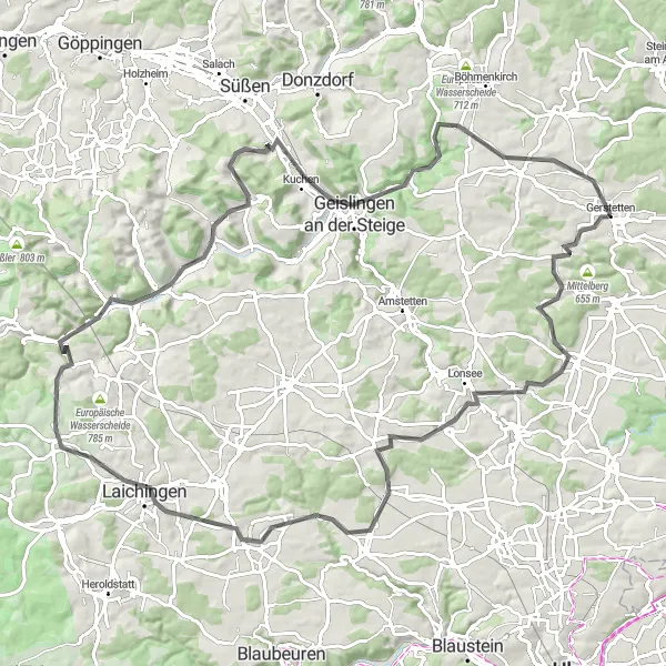 Map miniature of "Idyllic Ride through Valleys and Hills" cycling inspiration in Stuttgart, Germany. Generated by Tarmacs.app cycling route planner