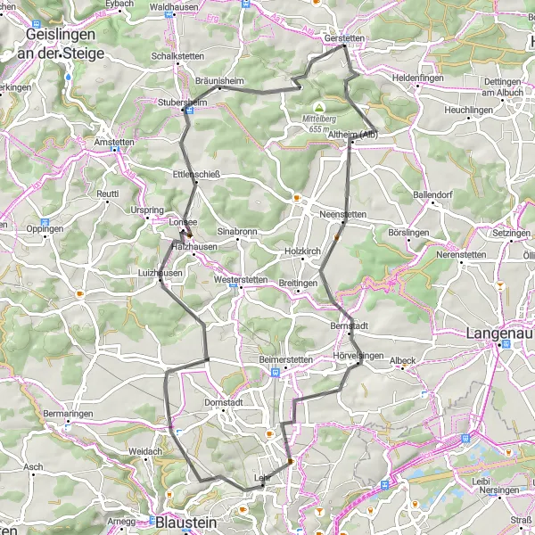 Map miniature of "Scenic Road Escapade" cycling inspiration in Stuttgart, Germany. Generated by Tarmacs.app cycling route planner