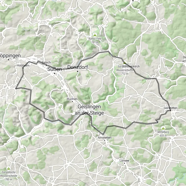 Map miniature of "The Swabian Hills and Valleys" cycling inspiration in Stuttgart, Germany. Generated by Tarmacs.app cycling route planner