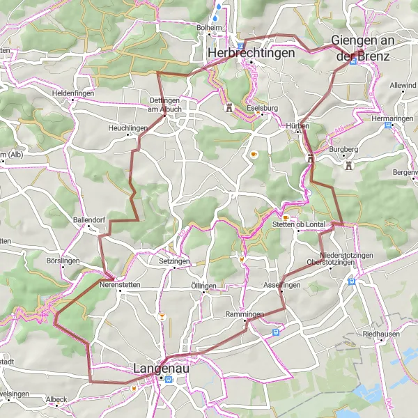 Map miniature of "Giengen to Herbrechtingen Gravel Cycling Loop" cycling inspiration in Stuttgart, Germany. Generated by Tarmacs.app cycling route planner