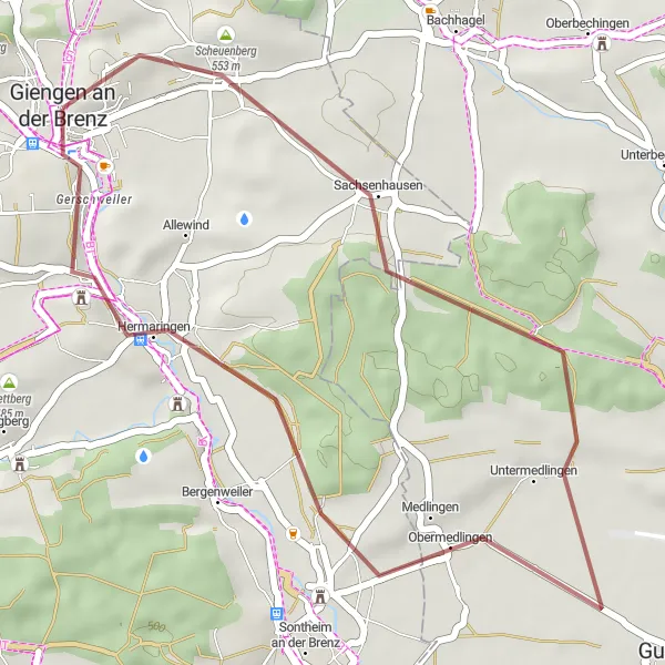 Map miniature of "Giengen to Medlingen Gravel Cycling Route" cycling inspiration in Stuttgart, Germany. Generated by Tarmacs.app cycling route planner