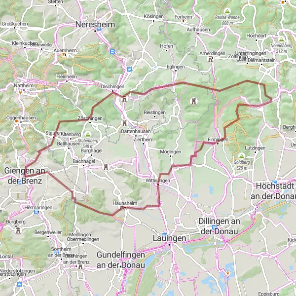 Map miniature of "Giengen to Hohenmemmingen Gravel Cycling Loop" cycling inspiration in Stuttgart, Germany. Generated by Tarmacs.app cycling route planner