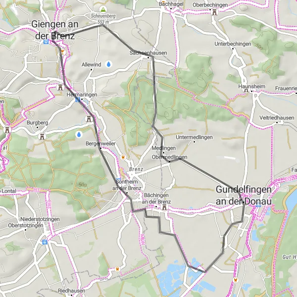 Map miniature of "Giengen to Bächingen an der Brenz Road Cycling Loop" cycling inspiration in Stuttgart, Germany. Generated by Tarmacs.app cycling route planner