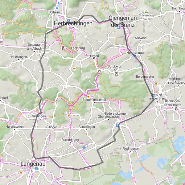 Map miniature of "Giengen to Herbrechtingen Road Cycling Loop" cycling inspiration in Stuttgart, Germany. Generated by Tarmacs.app cycling route planner