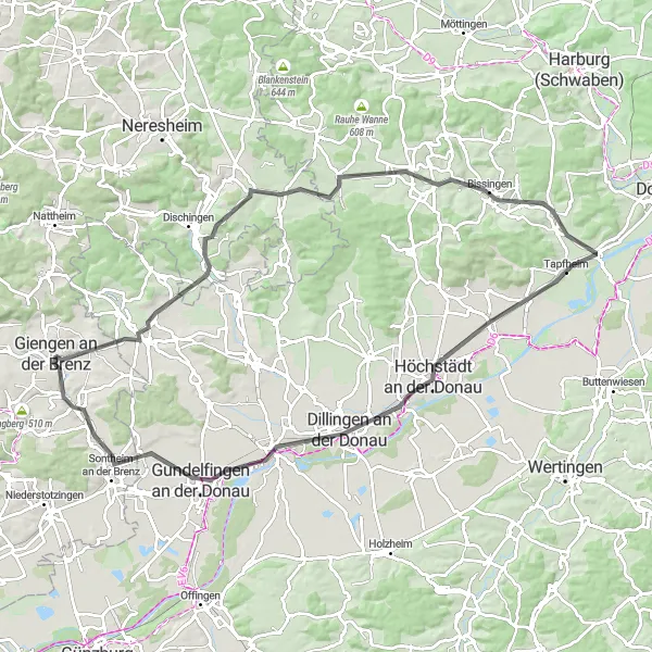 Karten-Miniaturansicht der Radinspiration "Dillingen Galgenberg Runde" in Stuttgart, Germany. Erstellt vom Tarmacs.app-Routenplaner für Radtouren