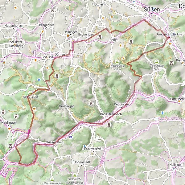 Map miniature of "Fils Valley Gravel Adventure" cycling inspiration in Stuttgart, Germany. Generated by Tarmacs.app cycling route planner