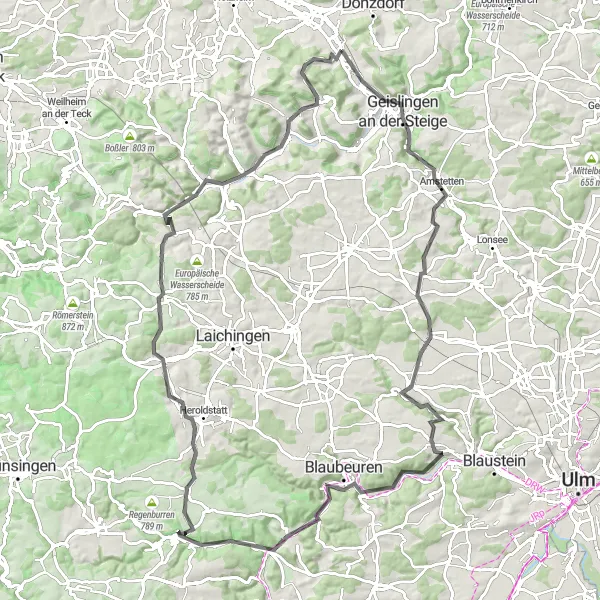 Map miniature of "The Swabian Alps Road Challenge" cycling inspiration in Stuttgart, Germany. Generated by Tarmacs.app cycling route planner