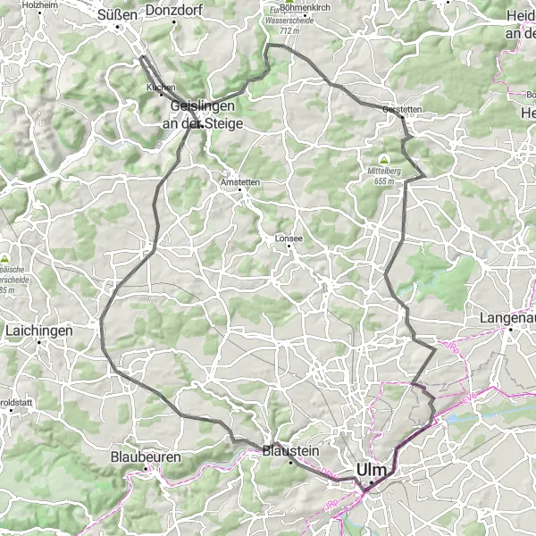 Map miniature of "The Hils Bike Route" cycling inspiration in Stuttgart, Germany. Generated by Tarmacs.app cycling route planner