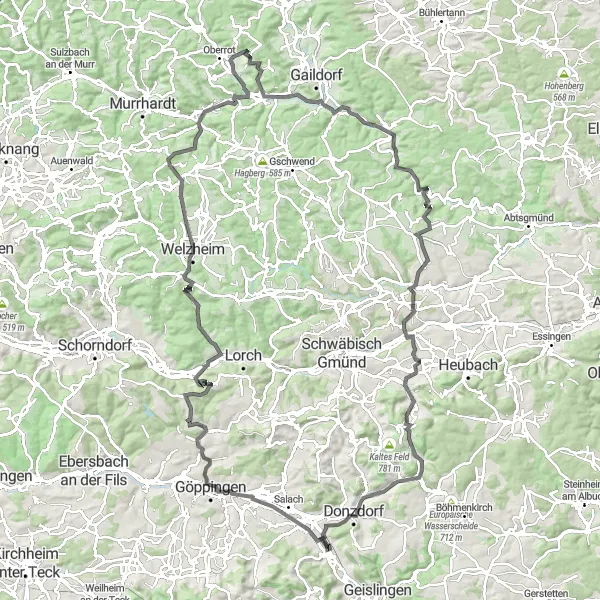Map miniature of "The Hilly Loop" cycling inspiration in Stuttgart, Germany. Generated by Tarmacs.app cycling route planner
