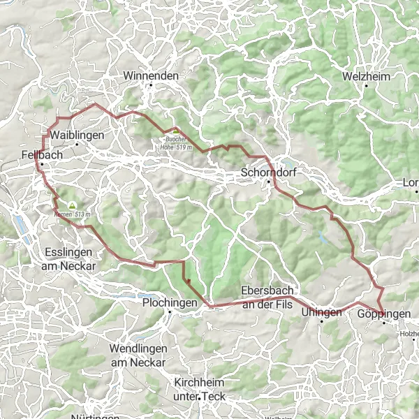Karten-Miniaturansicht der Radinspiration "Gravel Tour um Göppingen" in Stuttgart, Germany. Erstellt vom Tarmacs.app-Routenplaner für Radtouren