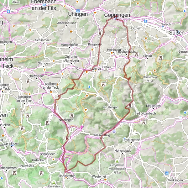 Karten-Miniaturansicht der Radinspiration "Gravel-Radtour Göppingen - Göppingen" in Stuttgart, Germany. Erstellt vom Tarmacs.app-Routenplaner für Radtouren