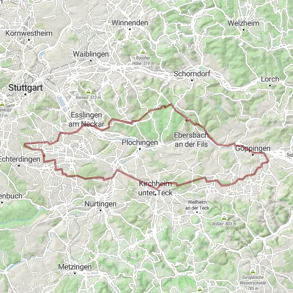 Karten-Miniaturansicht der Radinspiration "Gravelroute um Göppingen" in Stuttgart, Germany. Erstellt vom Tarmacs.app-Routenplaner für Radtouren