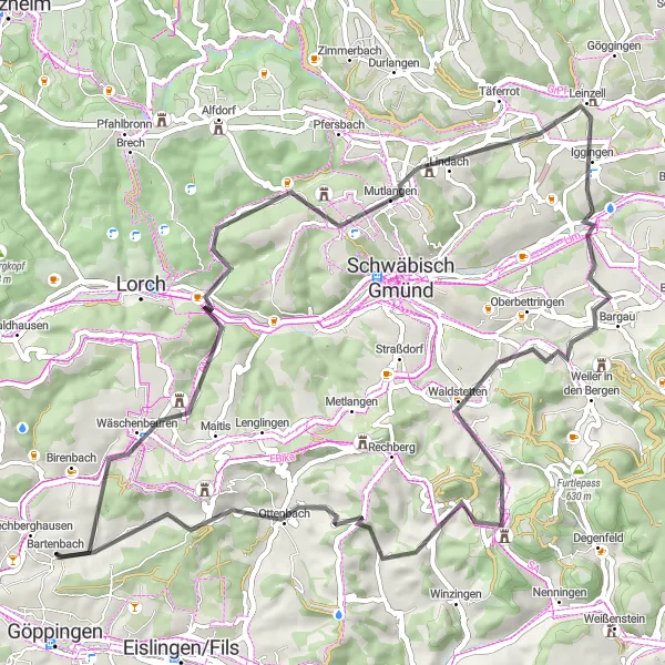 Karten-Miniaturansicht der Radinspiration "Radtour Göppingen - Aussichtsturm "Luftikus"" in Stuttgart, Germany. Erstellt vom Tarmacs.app-Routenplaner für Radtouren