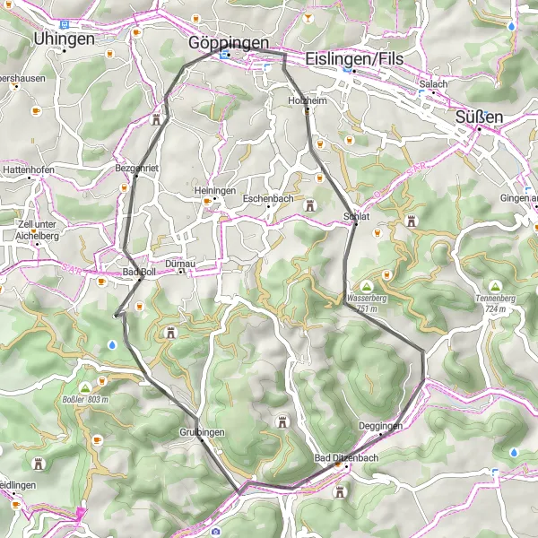 Karten-Miniaturansicht der Radinspiration "Radroute durch Schlat und Gruibingen" in Stuttgart, Germany. Erstellt vom Tarmacs.app-Routenplaner für Radtouren