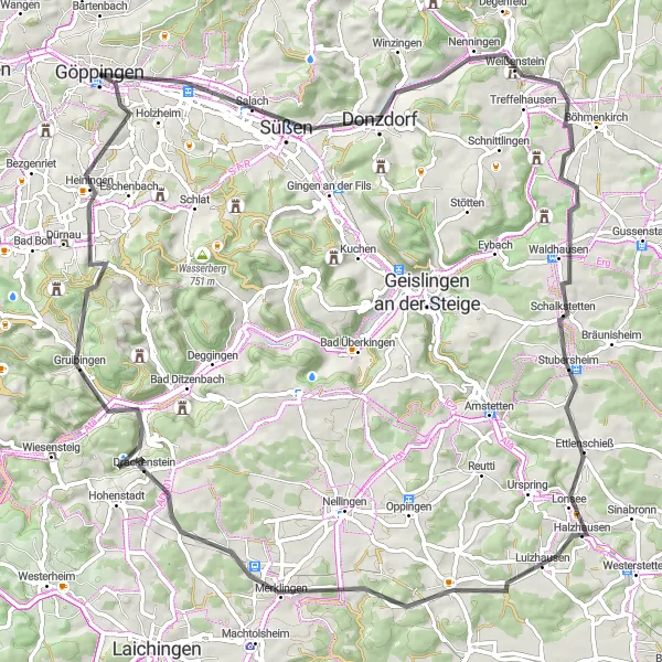 Karten-Miniaturansicht der Radinspiration "Radtour Göppingen - Südstadt" in Stuttgart, Germany. Erstellt vom Tarmacs.app-Routenplaner für Radtouren