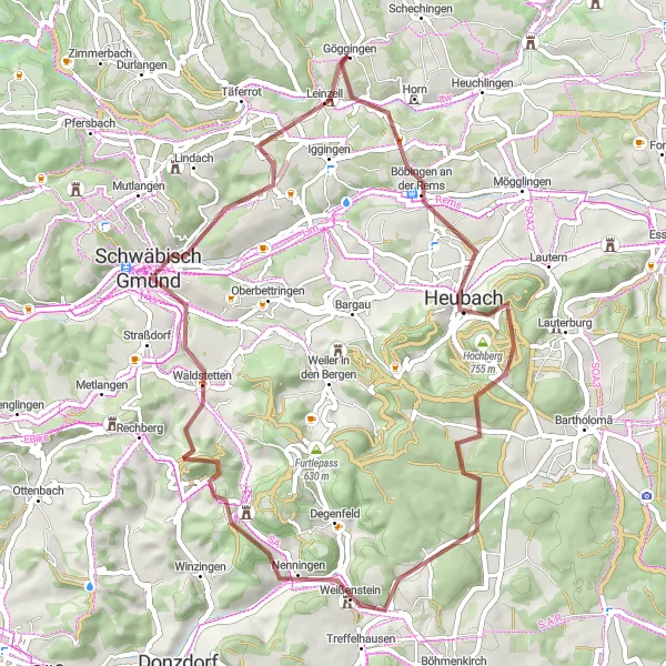 Map miniature of "Göggingen to Heubach Round-Trip" cycling inspiration in Stuttgart, Germany. Generated by Tarmacs.app cycling route planner