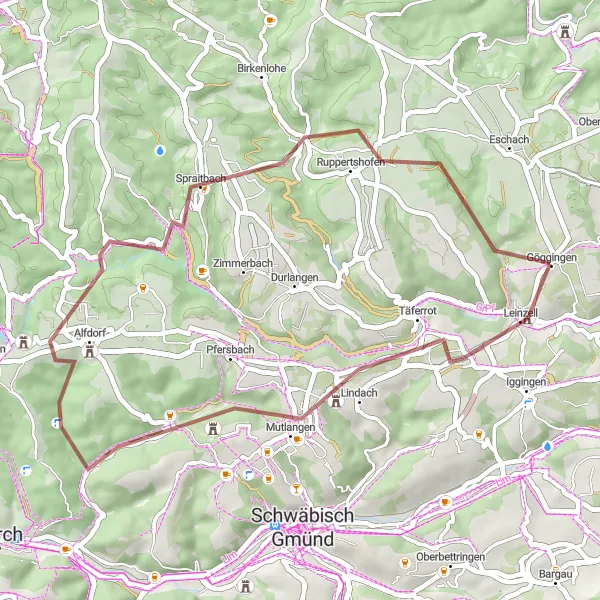 Karten-Miniaturansicht der Radinspiration "Hinkelsteine-Mutlangen-Spraitbach-Ruppertshofen" in Stuttgart, Germany. Erstellt vom Tarmacs.app-Routenplaner für Radtouren