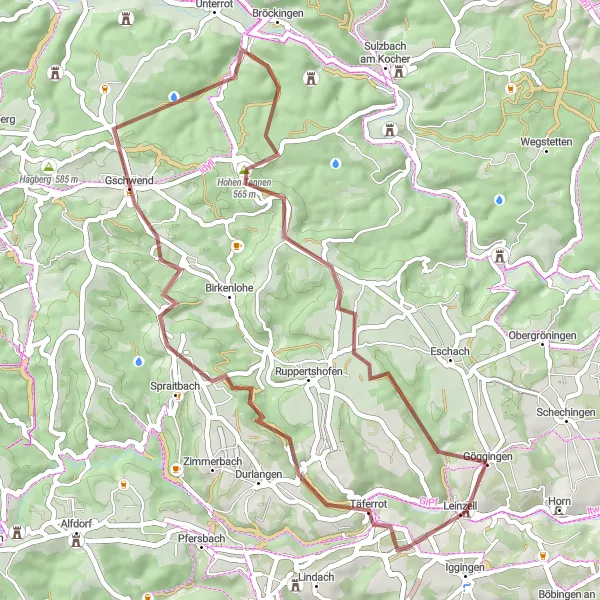 Karten-Miniaturansicht der Radinspiration "Hinkelsteine-Leinzell-Spraitbach-Gschwend-Hohe Tannen-Tonolzbronn" in Stuttgart, Germany. Erstellt vom Tarmacs.app-Routenplaner für Radtouren