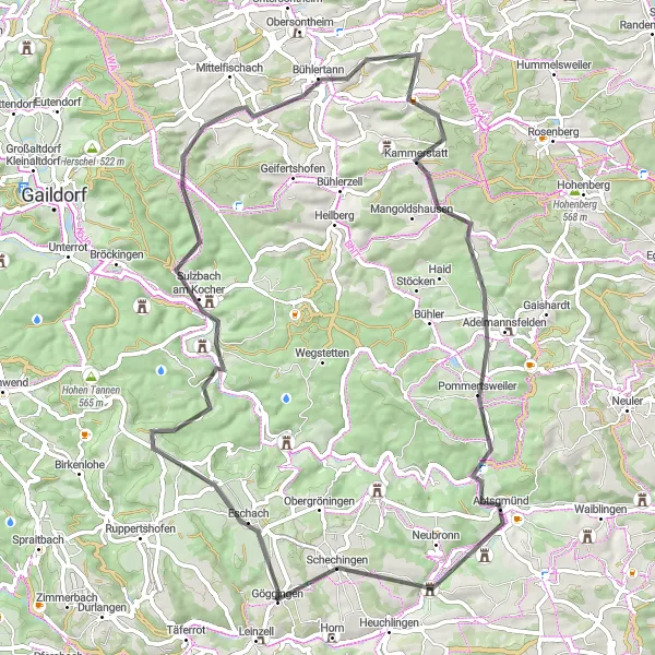 Map miniature of "Göggingen to Burgruine Kransberg Route" cycling inspiration in Stuttgart, Germany. Generated by Tarmacs.app cycling route planner