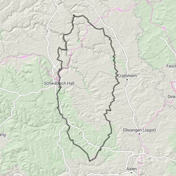 Karten-Miniaturansicht der Radinspiration "Rundtour über 159 km in Göggingen" in Stuttgart, Germany. Erstellt vom Tarmacs.app-Routenplaner für Radtouren