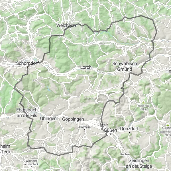 Karten-Miniaturansicht der Radinspiration "Hinkelsteine-Iggingen-Rechberg-Ottenbach-Kuhnberg-Bad Boll-Ebersbach an der Fils-Ottilienberg-Urbach-Spraitbach-Göggingen" in Stuttgart, Germany. Erstellt vom Tarmacs.app-Routenplaner für Radtouren