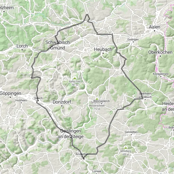 Map miniature of "The Alb Mountain Loop" cycling inspiration in Stuttgart, Germany. Generated by Tarmacs.app cycling route planner