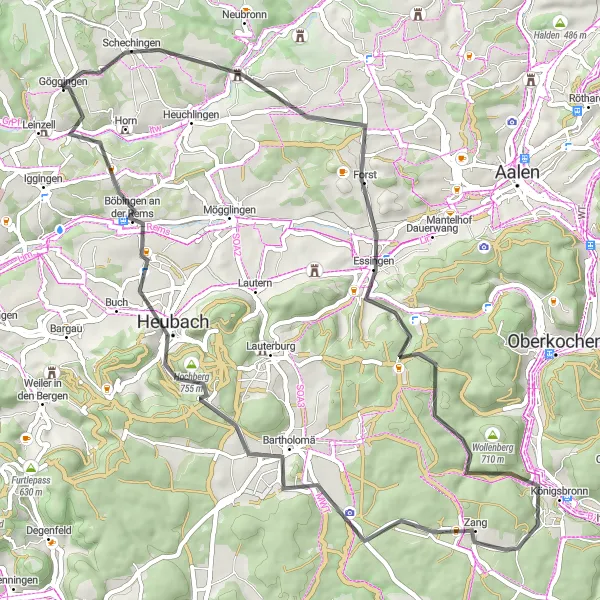 Map miniature of "Göggingen to Heidenburren Round Trip" cycling inspiration in Stuttgart, Germany. Generated by Tarmacs.app cycling route planner