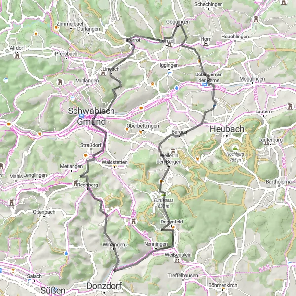 Map miniature of "Göggingen to Hohenrechberg Round Trip" cycling inspiration in Stuttgart, Germany. Generated by Tarmacs.app cycling route planner