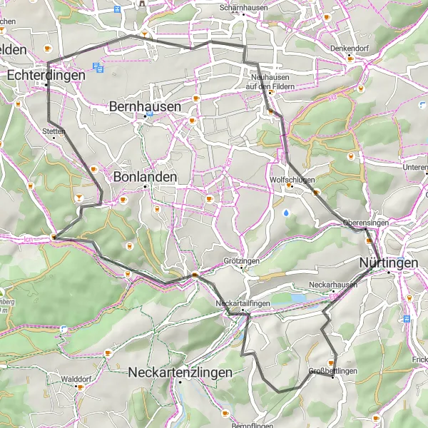 Karten-Miniaturansicht der Radinspiration "Filderebenen und Steinenberg Tour" in Stuttgart, Germany. Erstellt vom Tarmacs.app-Routenplaner für Radtouren