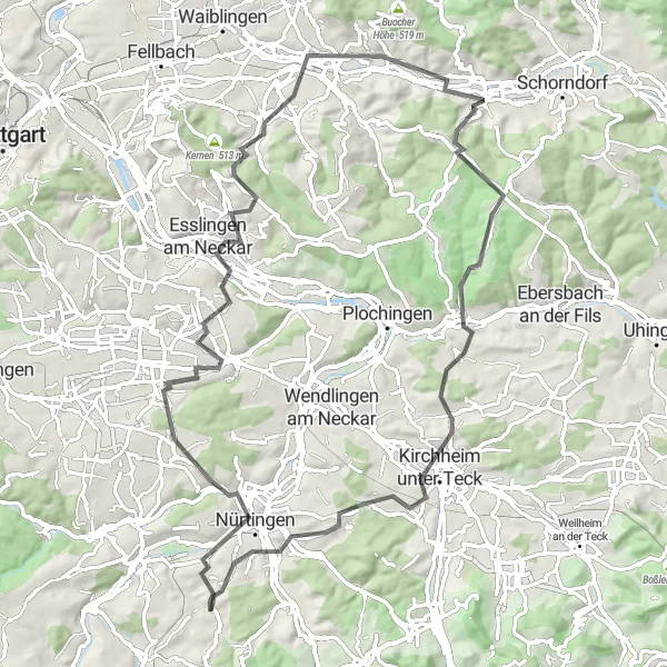 Karten-Miniaturansicht der Radinspiration "Rundtour von Großbettlingen nach Esslingen und zurück" in Stuttgart, Germany. Erstellt vom Tarmacs.app-Routenplaner für Radtouren