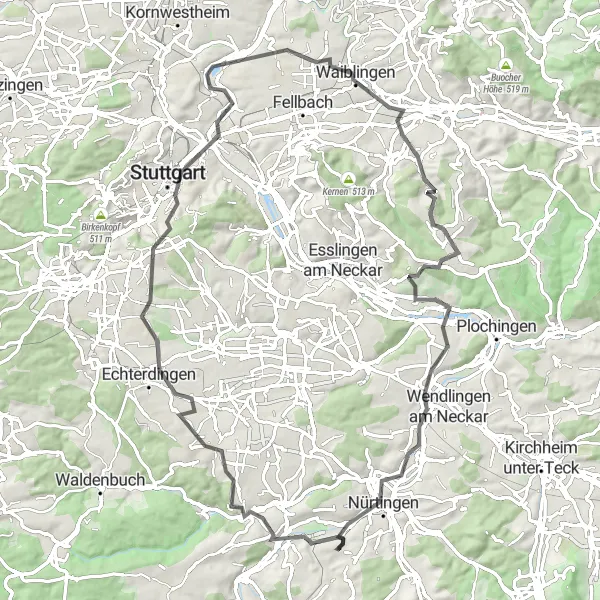 Karten-Miniaturansicht der Radinspiration "Road-Tour mit Ausblicken" in Stuttgart, Germany. Erstellt vom Tarmacs.app-Routenplaner für Radtouren