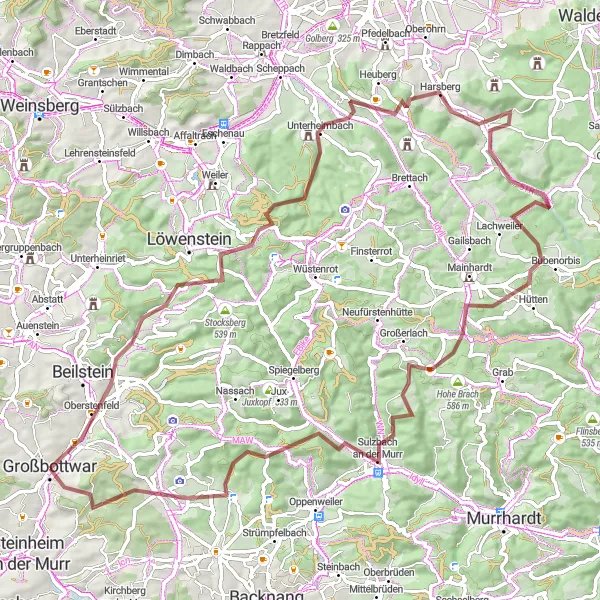 Map miniature of "Gravel Adventure through the Bottwar Valley" cycling inspiration in Stuttgart, Germany. Generated by Tarmacs.app cycling route planner