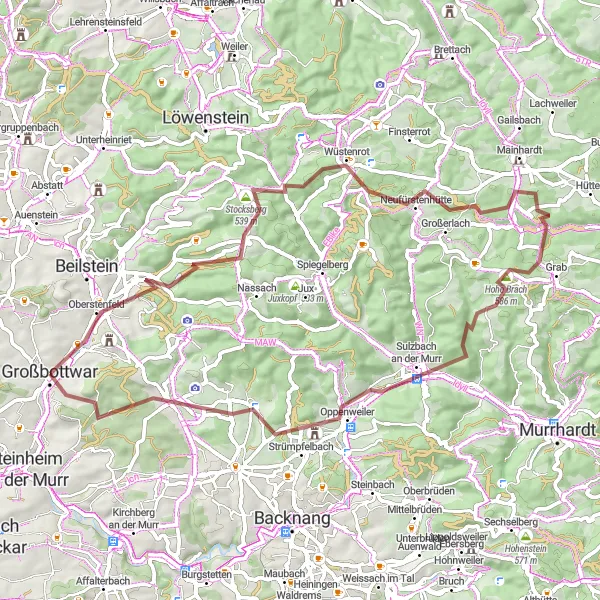 Karten-Miniaturansicht der Radinspiration "Abenteuerliche Gravel-Tour durch Großerlach und Sulzbach" in Stuttgart, Germany. Erstellt vom Tarmacs.app-Routenplaner für Radtouren