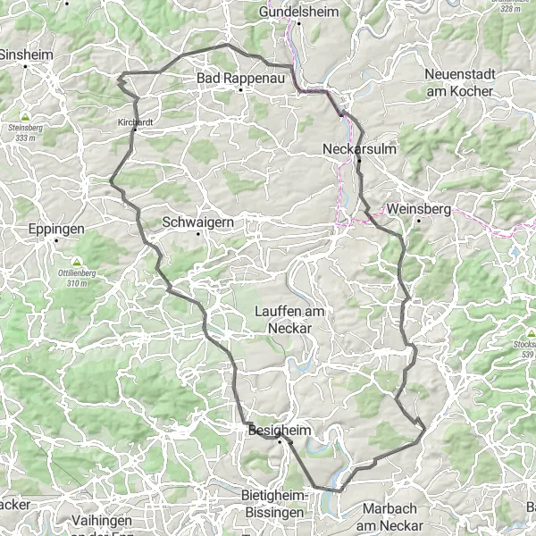 Map miniature of "The Wine and Castles Route" cycling inspiration in Stuttgart, Germany. Generated by Tarmacs.app cycling route planner