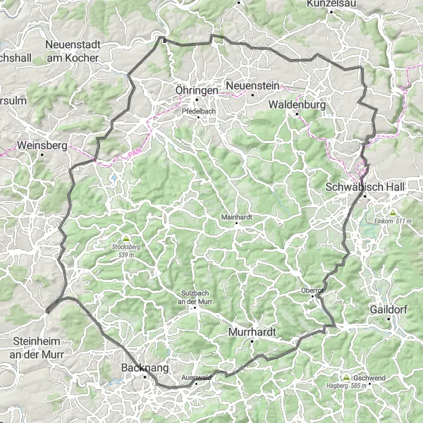 Map miniature of "The Enchanting Hill Towns" cycling inspiration in Stuttgart, Germany. Generated by Tarmacs.app cycling route planner