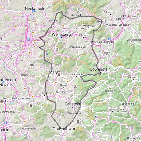 Map miniature of "Großbottwar Hills Ride" cycling inspiration in Stuttgart, Germany. Generated by Tarmacs.app cycling route planner