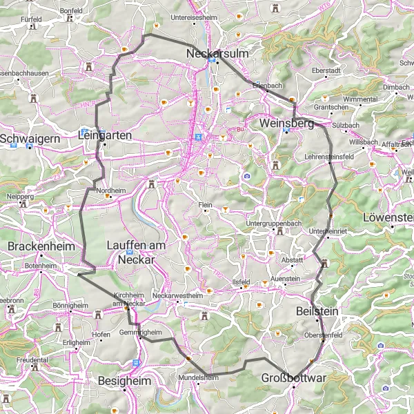 Karten-Miniaturansicht der Radinspiration "Genussvolle Fahrt durch Weinsberg und Neckarsulm" in Stuttgart, Germany. Erstellt vom Tarmacs.app-Routenplaner für Radtouren