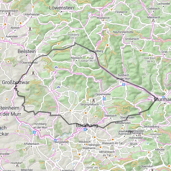 Karten-Miniaturansicht der Radinspiration "Roadtrip durch idyllische Dörfer" in Stuttgart, Germany. Erstellt vom Tarmacs.app-Routenplaner für Radtouren