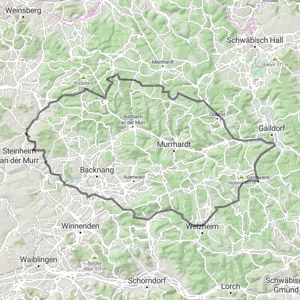 Karten-Miniaturansicht der Radinspiration "Herausfordernde Tour durch Oberrot und Bürg" in Stuttgart, Germany. Erstellt vom Tarmacs.app-Routenplaner für Radtouren