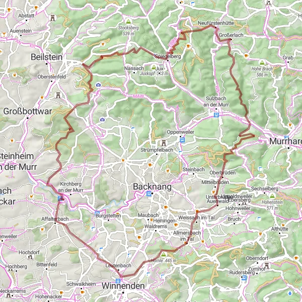 Map miniature of "Großerlach's Gravel Adventure" cycling inspiration in Stuttgart, Germany. Generated by Tarmacs.app cycling route planner