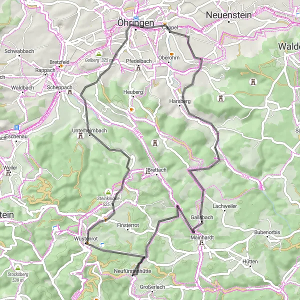 Map miniature of "Wüstenrot to Altfürstenhütte Road Loop" cycling inspiration in Stuttgart, Germany. Generated by Tarmacs.app cycling route planner