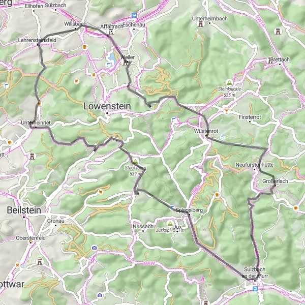Karten-Miniaturansicht der Radinspiration "Schöne Straßen um Großerlach - Road" in Stuttgart, Germany. Erstellt vom Tarmacs.app-Routenplaner für Radtouren